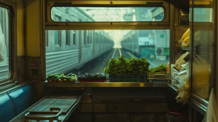 The train making a stop at a local market to pick up fresh ingredients for the next meal.