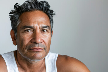 Obraz premium A mature Latino man with graying beard applying face cream and smiling in a bathroom