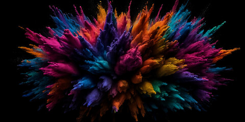 Farbspektakel: Kräftige und leuchtende Farbpulver in einer dynamischen Explosion von Blau, Pink, Gelb und Orange vor einem tiefschwarzen Hintergrund, die ein visuelles Fest bieten
