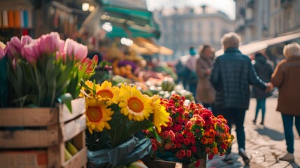 Vibrant Spring Farmers' Market with Fresh Produce and Colorful Flowers