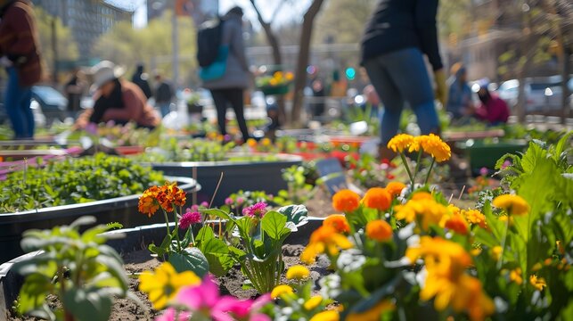 Vibrant Spring Community Garden with Seedlings and Blooming Flowers