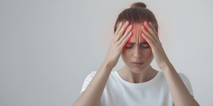 Young woman with hands on head red temples indicating headache. Concept It seems like you are describing a woman displaying signs of a headache or stress