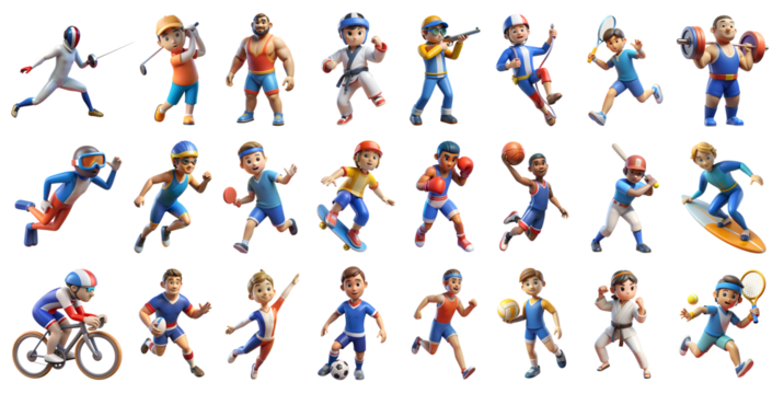 A collection of 3D characters showcasing a wide range of sports activities, capturing the energy and enthusiasm of athletic pursuits.