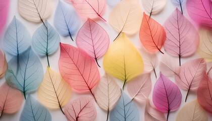 Colorful Skeletonized Leaves Arranged on White Background