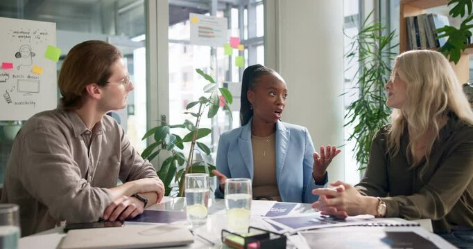 Business people, meeting and intern training with paperwork for onboarding advice and communication. Corporate team, manager and consulting trainee with questions, feedback and conversation in office