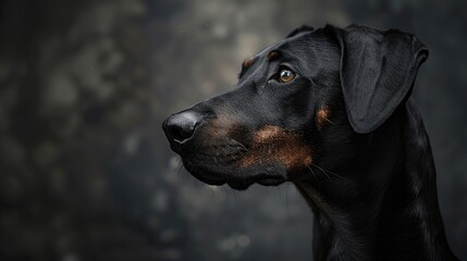 Close-up portrait of a black and tan Doberman Pinscher dog with a dark background, highlighting the dog's features and intense gaze.