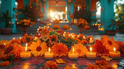 Day of the Dead Altar with Candles and Flowers.