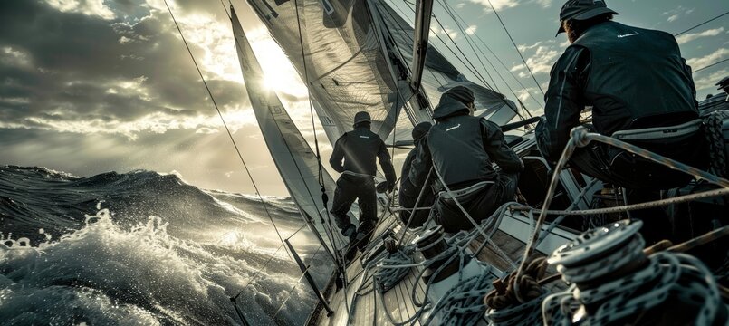 Team of Sailors Strategizing on Sailboat During Race - Nautical Teamwork and Camaraderie