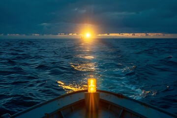The radiant glow of a distant lighthouse seen from a ship at sea