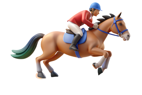A 3D rendered image of a horse and rider in mid-jump, showcasing the excitement and athleticism of equestrian sports