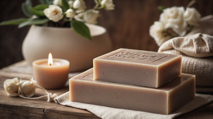 Natural organic soap on a background of candles and flowers, advertisement of a spa salon of spa treatment of natural cosmetics.