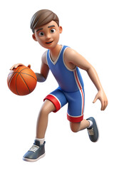 Naklejka premium A 3D rendering of a young boy, dressed in blue and red basketball attire, dribbling the ball with a determined look on his face