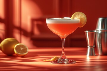 A glass of pink drink with a lemon slice on top