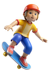 Obraz premium A cartoon boy, wearing a red helmet and blue shorts, stands on a blue skateboard, with a bright yellow shirt and a big smile. He is shown in mid-air, enjoying a sunny day on his skateboard