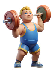 Obraz premium A cartoon weightlifter, dressed in a blue singlet, lifts a barbell with a smile on his face. He is depicted as a happy, muscular man