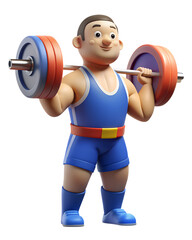 Obraz premium A cartoon weightlifter in blue athletic wear holds a barbell aloft, grinning confidently