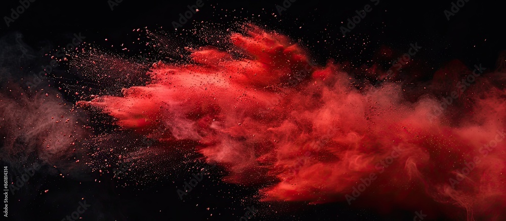 Poster Capture the stillness of a vivid red powder burst against a black backdrop in an abstract display of a crimson dust cloud with particles spreading out, ideal as a copy space image.