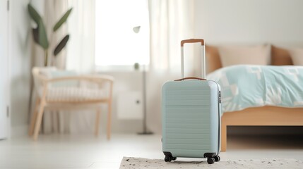 Travel suitcase in cozy bedroom with bed and wicker chair, ready for vacation or business trip. Minimalist and bright interior design.