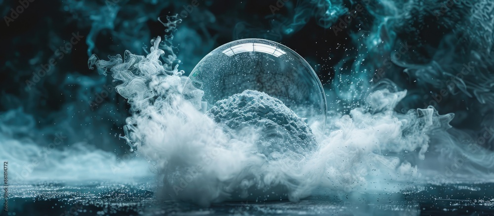 Poster An abstract display of powder or smoke particles exploding within a glass sphere on a dark backdrop, with room for adding images. Copy space image. Place for adding text and design