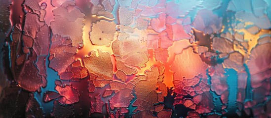 Fototapeta premium A unique texture of glass on a window at dawn creates an illusion of artistry, demonstrating how ordinary items transform into extraordinary visuals; ideal wallpaper or pattern with copy space image.