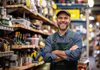 Obraz premium Portrait of happy sales assistant at modern DIY store or hardware department at shopping centre. Handsome man in workwear uniform standing in air vent pipes aisle, looking at camera and smiling