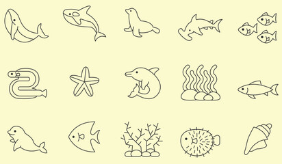 Sea animals icons set. Outline illustration
