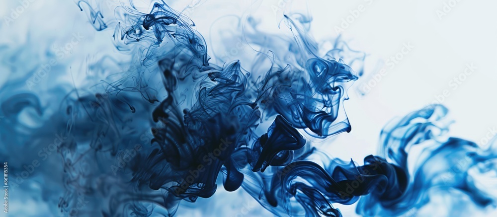 Poster blue and black ink swirling underwater, creating a colored abstract smoke explosion effect on a whit