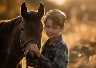 Photo of a fair-haired boy and a bay horse in a medium shot. The boy is gently smiling and stroking the horse's muzzle, capturing a moment of warmth and affection between them