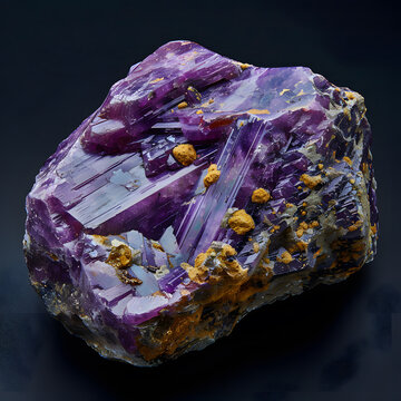 Purple fluorite charoite crystal rests on black background. Crystal is deep purple color and has rough, textured surface. It appears to be raw, unpolished specimen.
