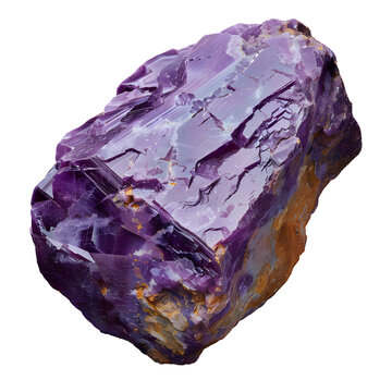 Purple fluorite charoite crystal rests on transparent background. Crystal is deep purple color and has rough, textured surface. It appears to be raw, unpolished specimen.
