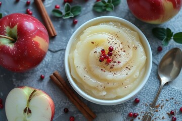 A bowl of creamy white sauce with cinnamon and red berries on top