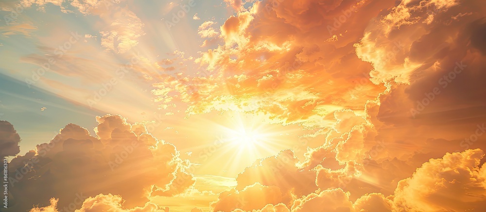 Poster The sunlight transforms the clouds into shades of orange and yellow, creating a serene and picturesque sky with copy space image.