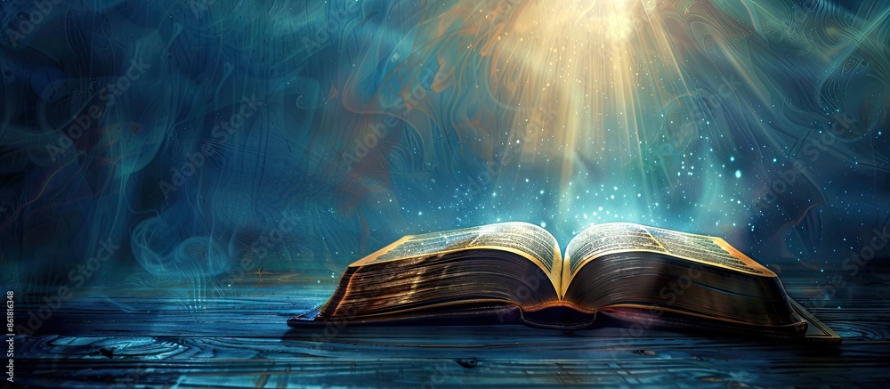 Fototapete shiny dark background sets off open book, creating a striking copy space image.