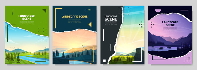 Vector brochure cards set of landscape. Nature scene of water lake by woodland, cliff by forest. Ripped paper effect. Flat design template of flyer, magazine, book cover, banner, invitation, poster.