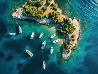 Crystal-clear waters surround a lush green island with yachts anchored nearby, captured from above