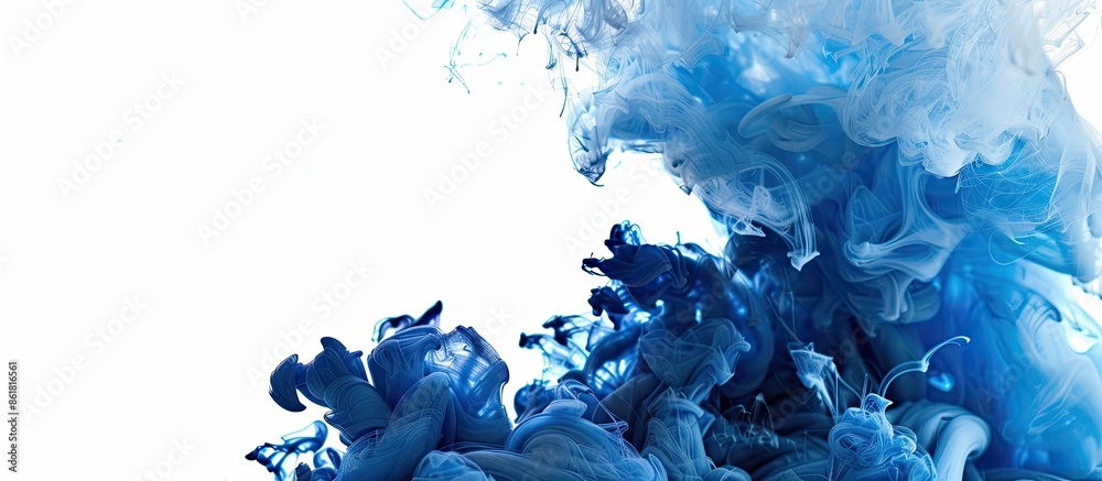 Poster blue and black ink swirling underwater, creating a colored abstract smoke explosion effect on a whit