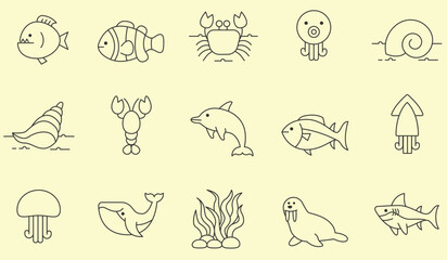 Sea animals icons set. Outline illustration