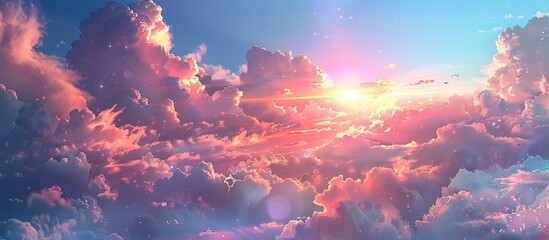 Post-storm sunset with clear blue sky, glowing clouds, soft sunlight, and dramatic cloudscape--a serene heaven. Ideal as a concept art with a picturesque panoramic scenery and peaceful ambiance,