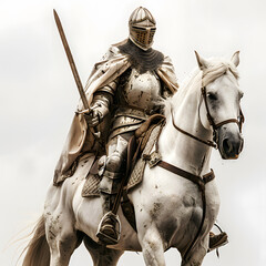 Fototapeta premium Medieval knight clad in full armor, including helmet with visor, rides white horse. He holds sword in his right hand, and horse is adorned with bridle and a saddle, on white background