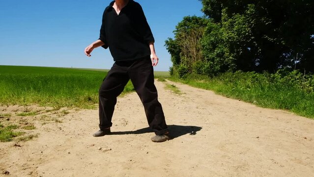 A single person walks down a dirt path on a sunny day, surrounded by fields and forest
