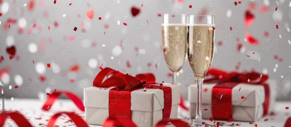 Poster close-up view of two gift boxes with red ribbon, red confetti, complemented by two champagne glasses