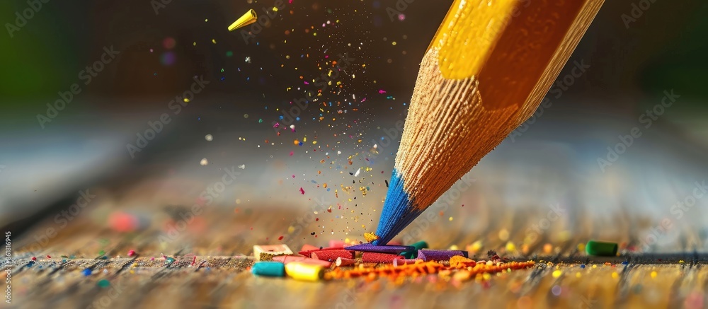 Poster back to school concept with color pencil crayons being sharpened on a blurred wooden background, ide