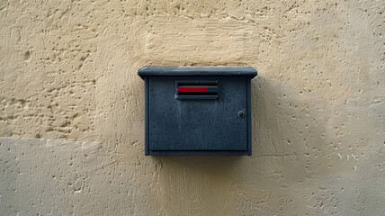 Black mailbox on a textured, weathered brown wall.