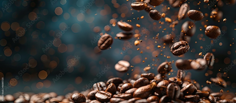 Poster coffee beans falling on a pile symbolizing breakfast, energy, freshness, and great aroma on a dark b