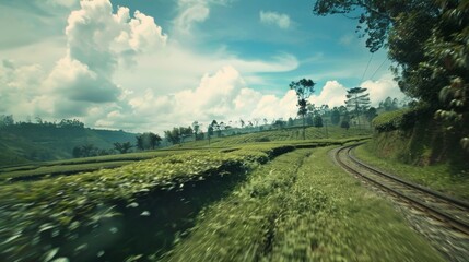 Fototapeta premium The train journey feels like being in a living breathing painting of tea plantations.