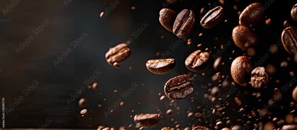 Poster coffee beans falling on a pile symbolizing breakfast, energy, freshness, and great aroma on a dark b