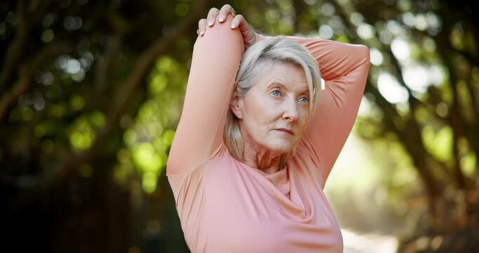 Stretch, nature and senior woman with fitness, exercise and warmup for wellness, workout and training. Runner, athlete and mature lady with breath, outdoor and prepare for trail, relaxation and break