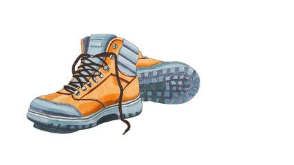 A pair of hiking boots illustrated with markers on marker paper and isolated against a white background.
