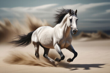 Obraz premium Beautiful horse galloping on sandy terrain in motion blur.