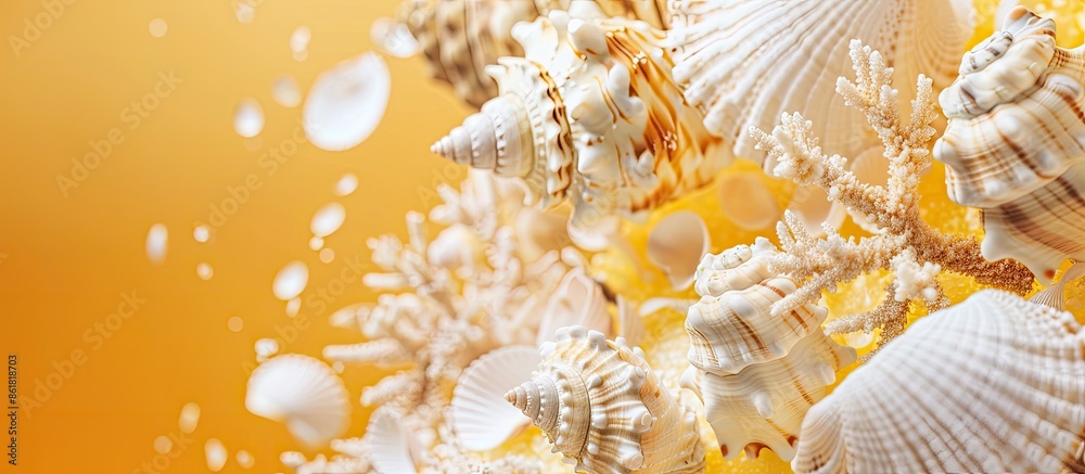Aufkleber sea shells in white and brown hues with coral design floating above a lively yellow backdrop, repres